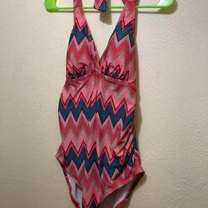 Beach Bump By Motherhood Maternity Chevron OnePiece Halter Swim Suit Size Medium